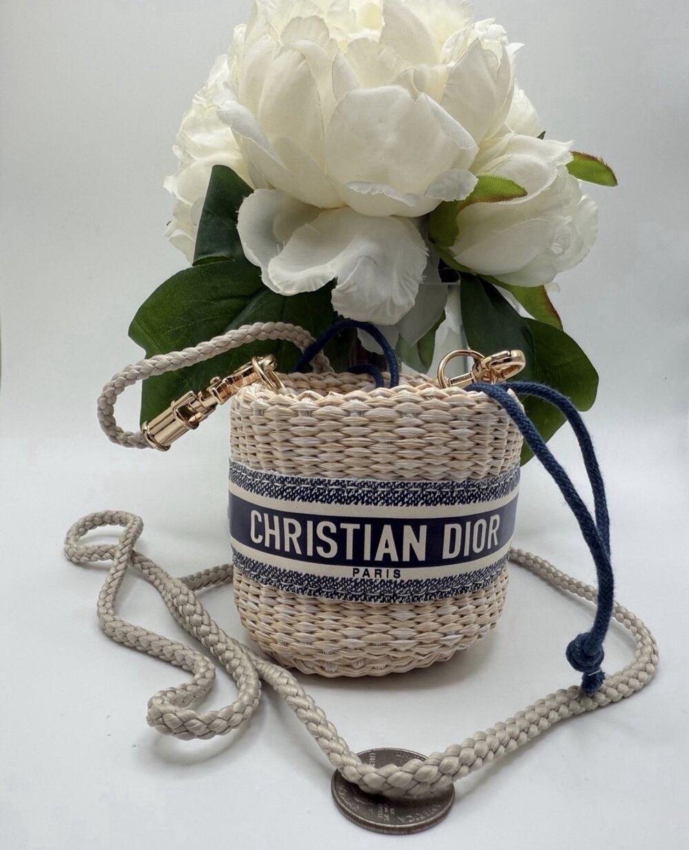 Dior Natural Woven Crossbody with Navy Logo Band